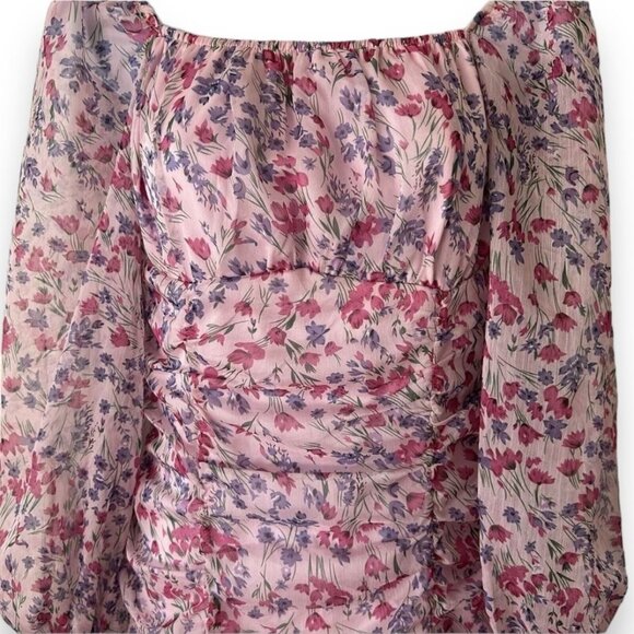 Pink Floral Ruffle Hem Ruched Bodycon Dress - Picture 5 of 10